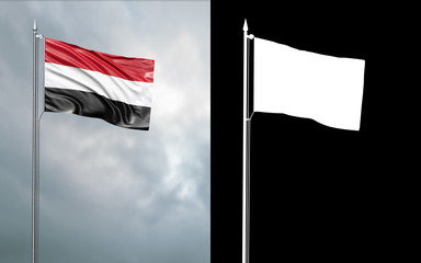 3d illustration of the state flag of the Republic of Yemen moving in the wind at the flagpole in front of a cloudy sky with its alpha channel