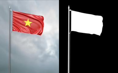 3d illustration of the state flag of the Socialist Republic of Vietnam moving in the wind at the flagpole in front of a cloudy sky with its alpha channel