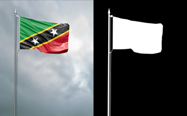3d illustration of the state flag of the Federation of Saint Christopher and Nevis moving in the wind at the flagpole in front of a cloudy sky with its alpha channel