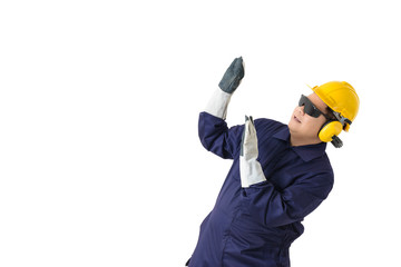 portrait of a worker in Mechanic Jumpsuit isolated on white background