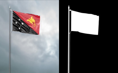 3d illustration of the state flag of the Independent State of Papua New Guinea moving in the wind at the flagpole in front of a cloudy sky with its alpha channel