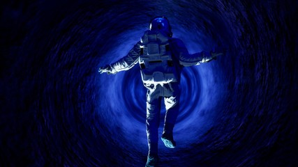 The astronaut is sucked into a massive black hole. 3D Rendering