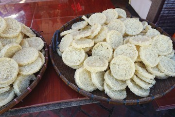 Closeup of sticky rice cakes ready to eat in Luang Prabang, Laos