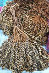 Exotic dried tropical herbs at a rural market in Southeast Asia