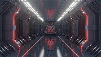 Empty Dark Futuristic Sci fi room, spaceship corridors red light,3D rendering © Vanitjan