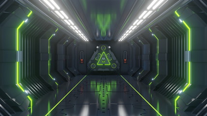 Empty Dark Futuristic Sci fi room, spaceship corridors green light,3D rendering   © Vanitjan