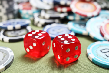 Close up of red rpg dice on the table
