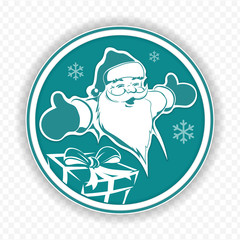 Christmas round silhouette sign of a good Santa Claus with arms spread and box