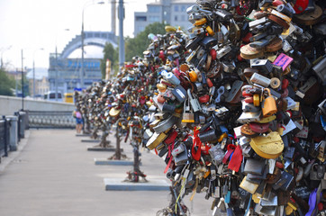 Thousands of wedding locks near Moscow River, Moscow, Russia