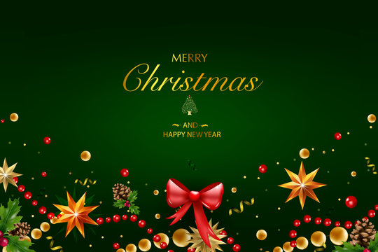Christmas card with a composition of festive elements such as gold star