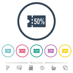 50 percent discount coupon flat color icons in round outlines