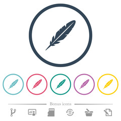 Single feather flat color icons in round outlines
