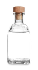 Glass bottle with vinegar on white background