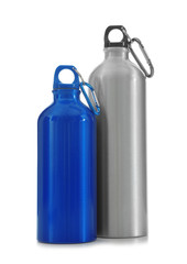 Aluminum water bottles for sports on white background
