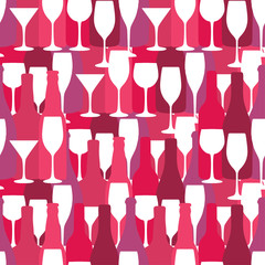 Seamless background with wine and cocktail bottles and glasses