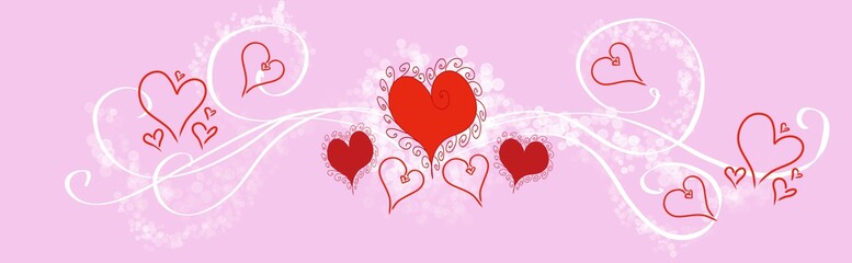 Valentine Love Hearts Wide panorama horizontal header  ribbons bokeh glitter on Red Pink and purple  white backgrounds 
