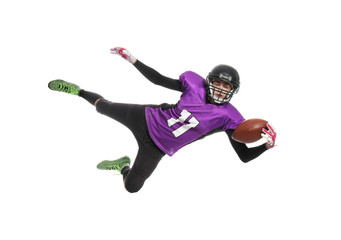 American football player catching ball on white background