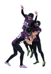 Men in uniform playing American football on white background