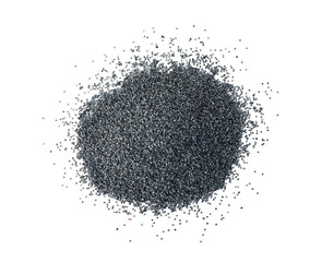 Heap of poppy seeds on white background, top view