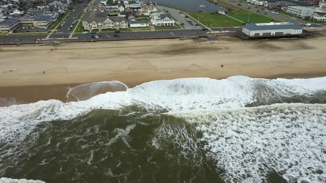 Aerial shot of big waves at Belmar beach.