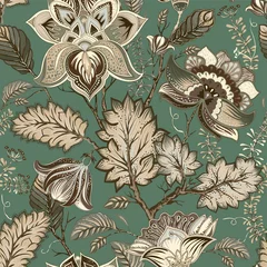 Foto op Canvas Vector vintage floral pattern, Provence style. Big stylized flowers on a green background. Design for web, textile, fabric, postcard, wrapping paper, wallpaper © sunny_lion