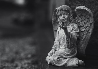 Black and white image of an angel statue in a cemetery.