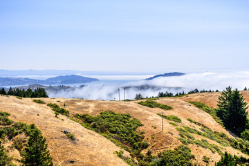Hills covered in dry grass; Angel Island and Marin Headlands partially covered by fog in the background, Mt Tamalpais State Park; Marin County, north San Francisco bay area, California
