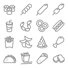 Fast food vector line icon set. Including Chinese noodle box, Taco, nuggets, chips, Rolls, Soft drink and more