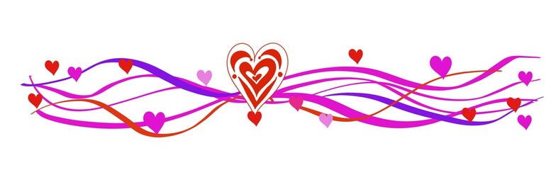 Valentine Love Hearts Wide panorama horizontal header  ribbons bokeh glitter on Red Pink and purple  white backgrounds 