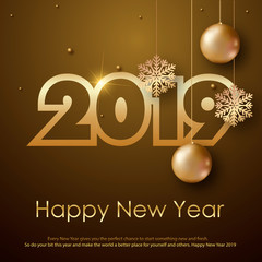 Happy New Year or Christmas greeting card with golden balls and snowflakes. 2019 Vector