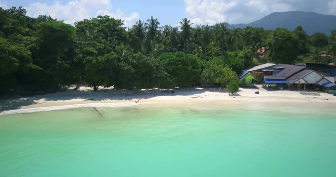 Reverse Ascending Aerial Drone Zoom Out View Of White Sand Beach, Clear Water Then High Elevation Distant Overview Of Coral Reef Sea On Tropical Island Koh Lipe, Thailand. 4k 1.9:1 23.976fps