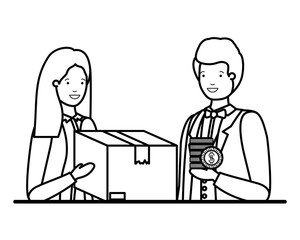 couple with cardboard box and coins avatar character