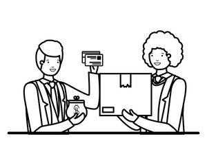 men with cardboard box and coin purse