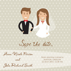 Wedding  card with newly wed couple. Save the date card with bride and groom