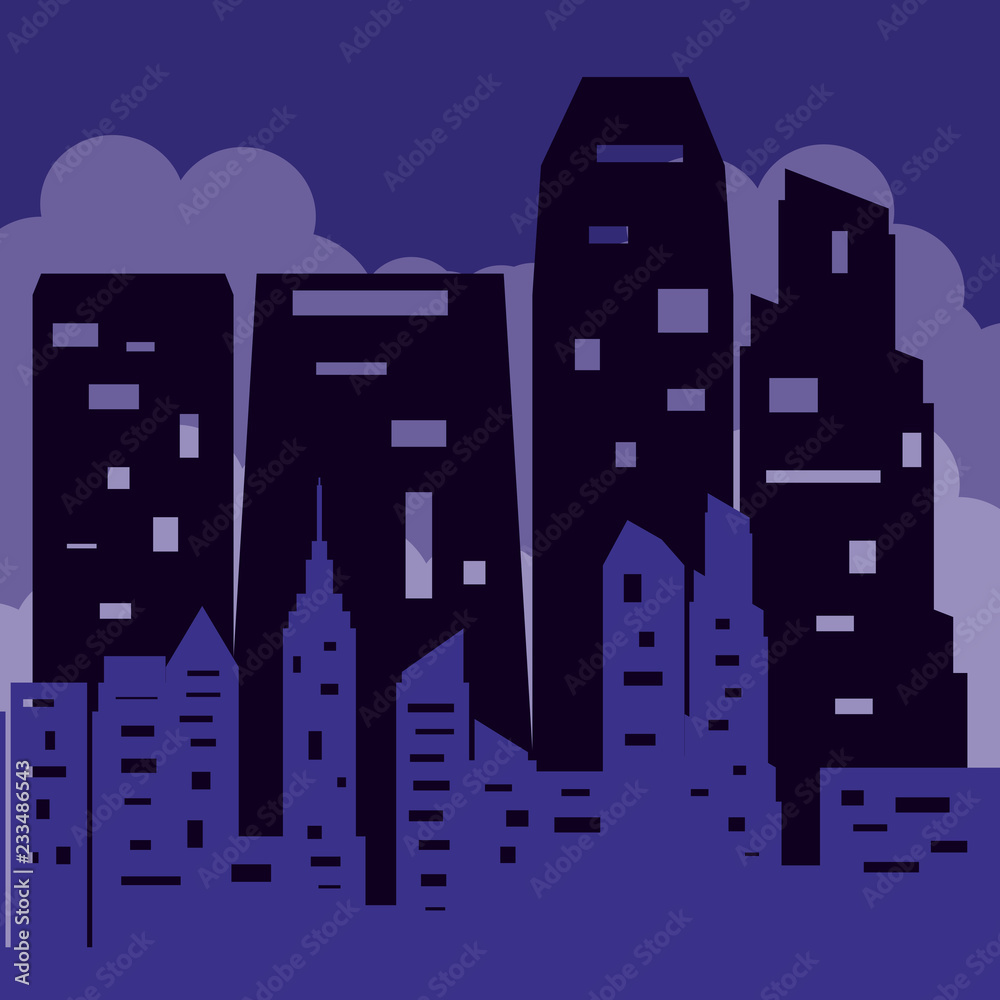 Wall mural cityscape with buildings scene night