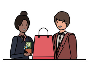 couple young with shopping bag avatar character