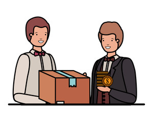 young men with cardboard box and coins