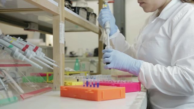 A researcher transfer samples to smaller vials in a genetic laboratory at university