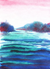 Abstract landscape. Evening pink sky, dark blue water; Dark silhouette of trees. Hand drawn watercolor illustration