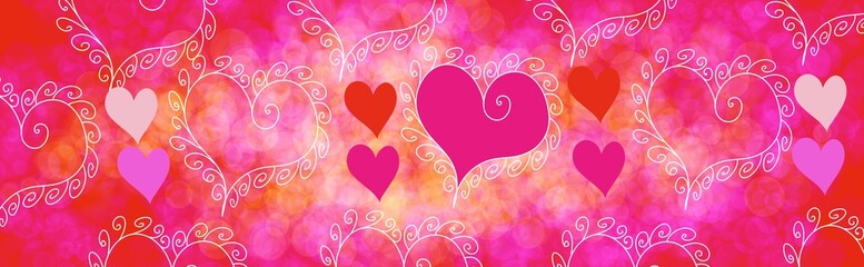 Valentine Love Hearts Wide panorama horizontal header  ribbons bokeh glitter on Red Pink and purple  white backgrounds 