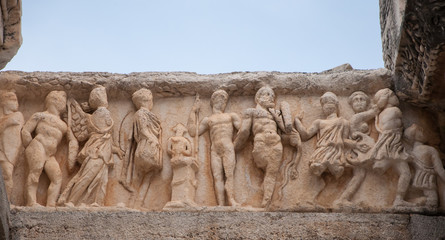 Relief statues on the frieze from Ephesus ancient city, Turkey. The ancient city is listed as a UNESCO World Heritage Site.