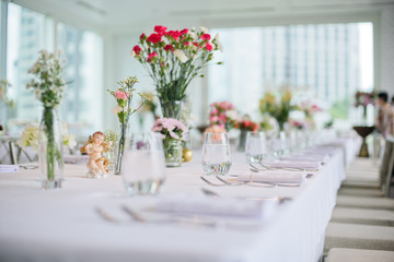 food table decoration, party food, table with flower, wedding party