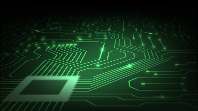 Background with glowing microcircuits and a processor, abstract green technological background, motherboard