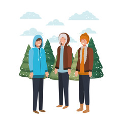 group of people with winter clothes and christmas trees avatar character