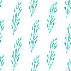 Seamless pattern with green  leaf. Vector illustration. Watercolor painted background