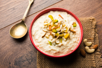 Sweet Rabdi or Lachha Rabri or basundi, made with pure milk garnished with dry fruits. Served in a...