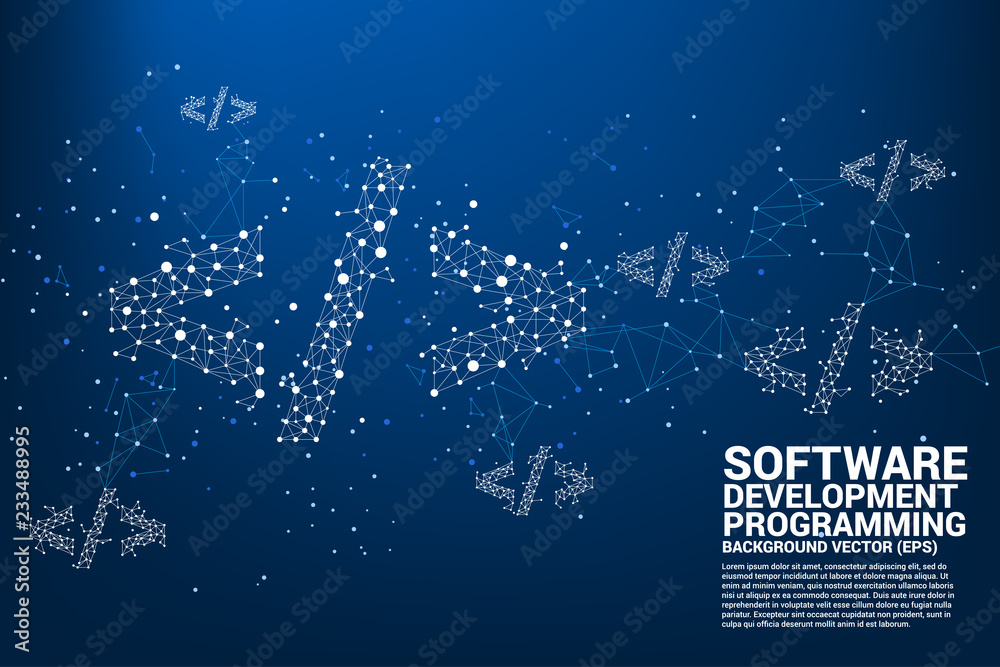 Fototapete Vector Polygon software development programming tag icon with dot connect line. Concept for Programming language technology and coding.