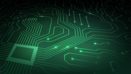 Background with glowing microcircuits and a processor, abstract green technological background, motherboard