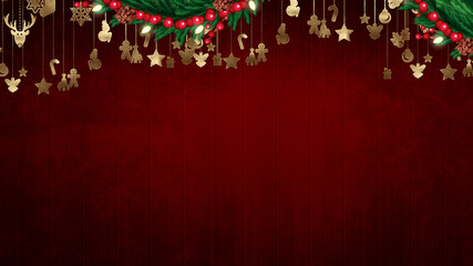 Christmas background with decoration on dark wooden board. Christmas top view with text space.