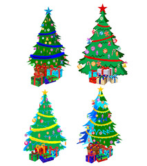 Star decorations, balls and light chains decorated Christmas trees with lots of gift boxes.
